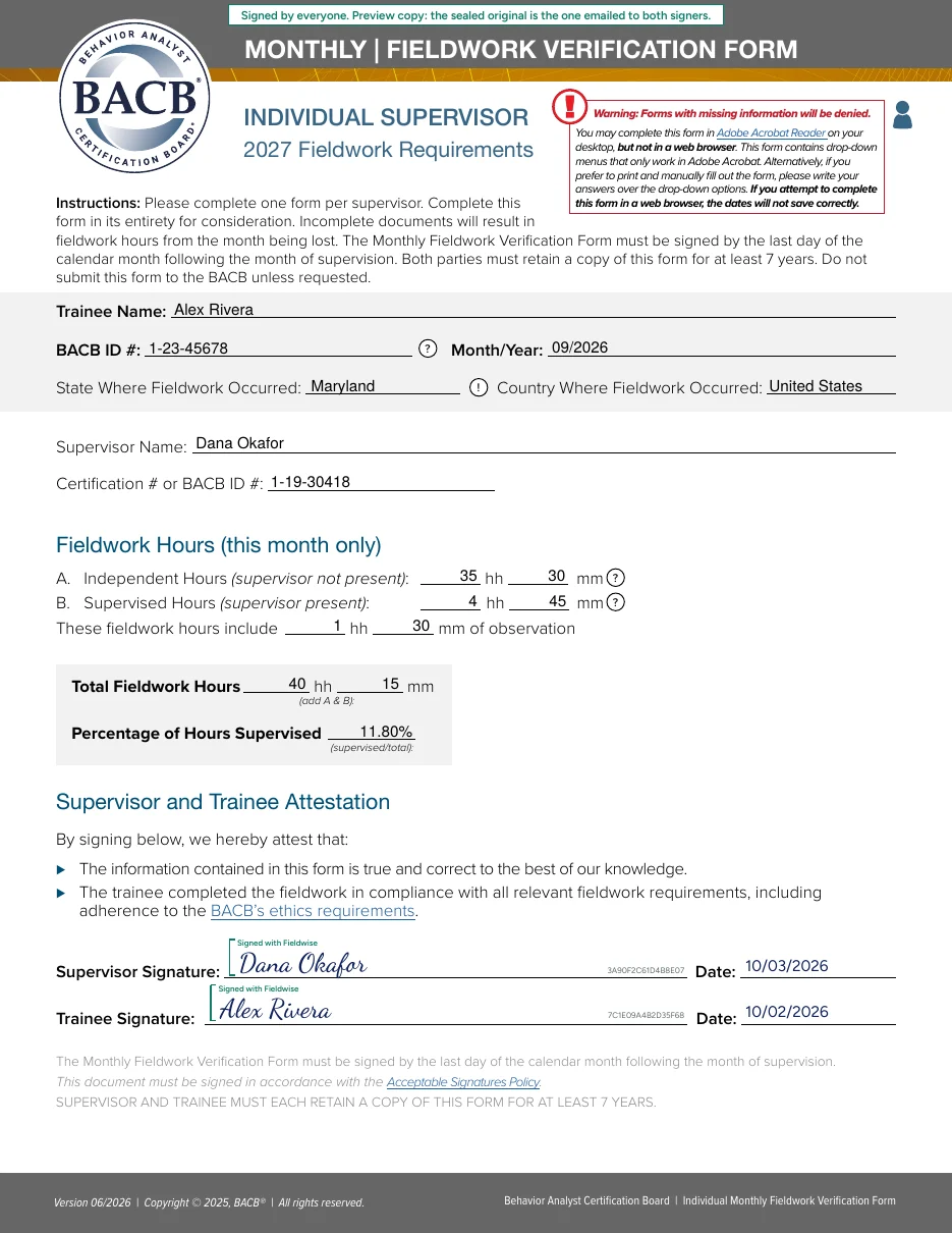 A 2027 Individual Supervisor Monthly Fieldwork Verification Form filled by Fieldwise and signed by the trainee and supervisor (example data)