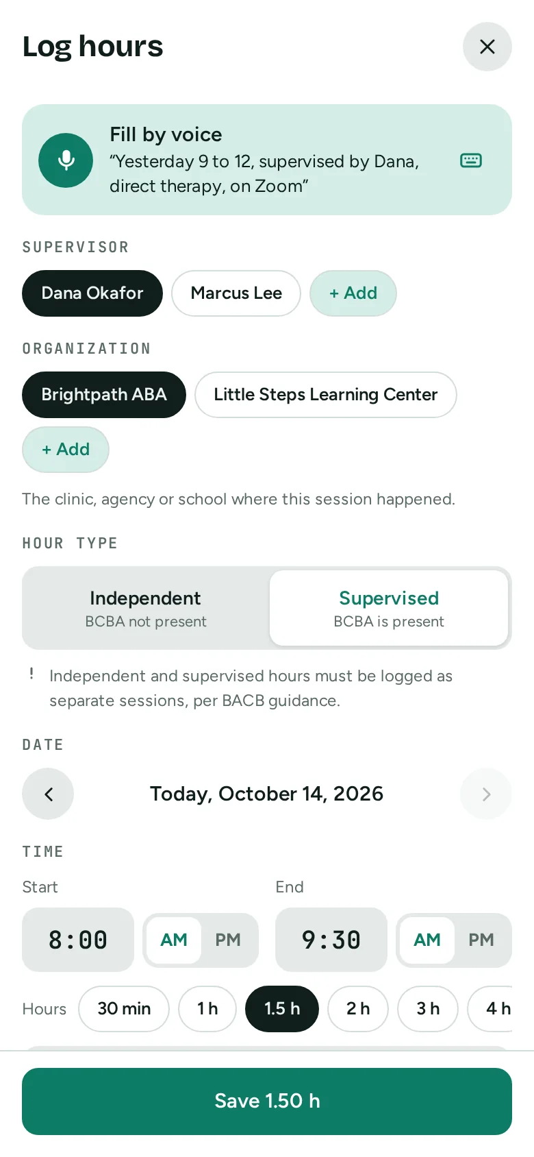 Logging a session on a phone: fill by voice, supervisor, organization, hour type and times