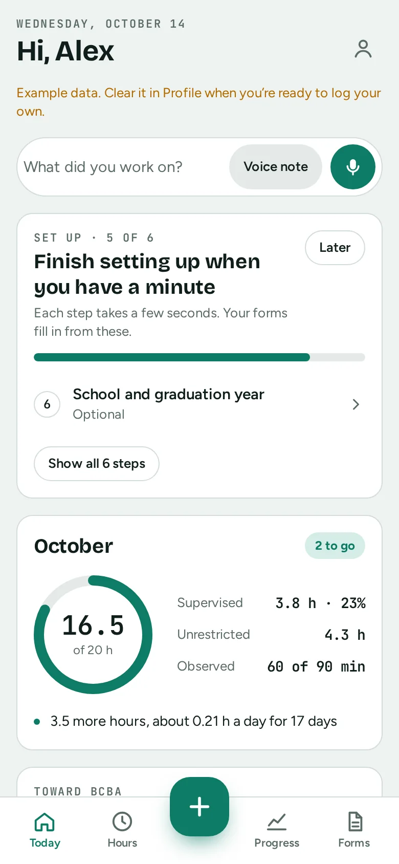 Today on a phone: ask the assistant what you worked on, or record a voice note, with this month's progress below